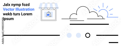 Storefront with striped awning, cloud, sun, and various abstract lines and shapes. Ideal for e-commerce, business websites, landing pages, web design, technology, online shops, and modern UI. Landing