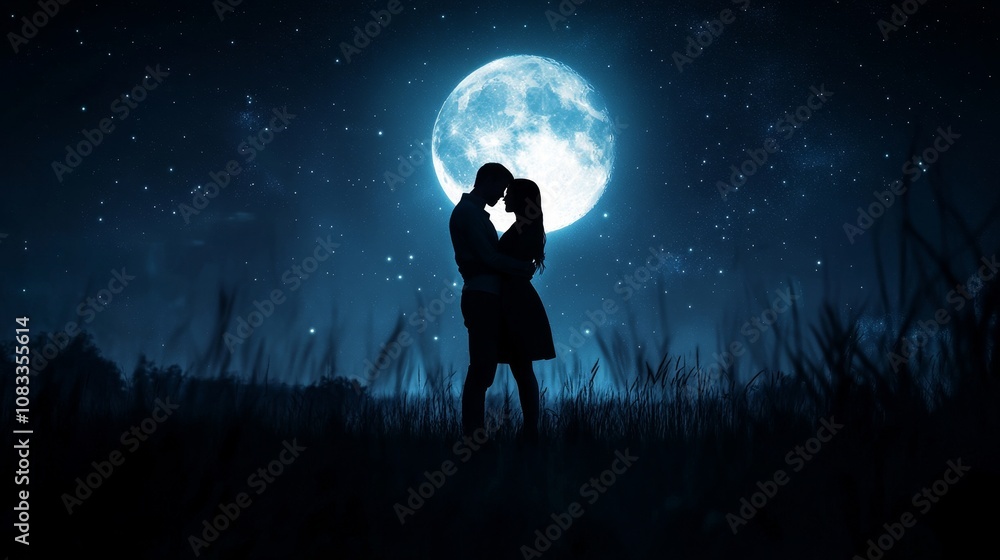 Fototapeta premium Romantic Embrace Under the Enchanting Full Moon - Surreal Nightscape with Diverse Backgrounds, Soft Shadows, and Clear Focus