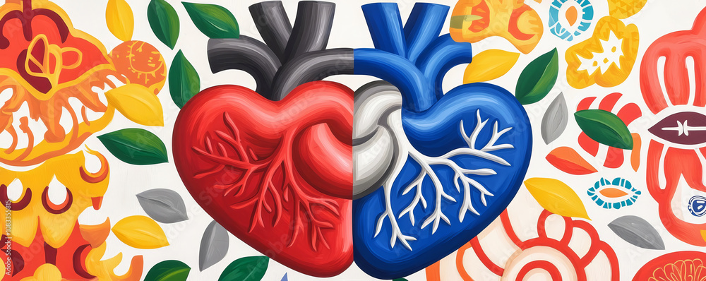 Naklejka premium A vibrant illustration of red and blue hearts intertwined, surrounded by floral patterns, symbolizing love, unity, and the connection between different emotions.