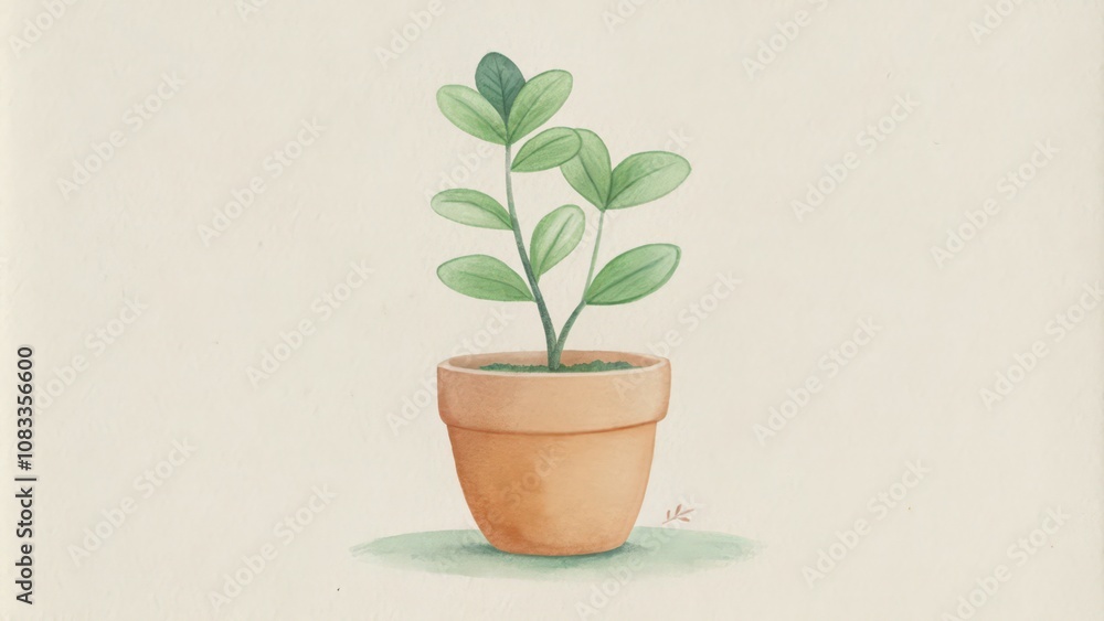 Fototapeta premium Watercolor illustration of a potted plant with green leaves