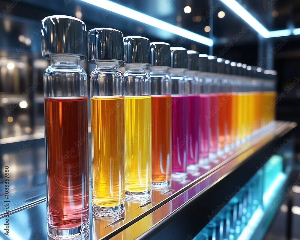 Test tubes filled with colorful liquids, displayed in a sleek, modern ...