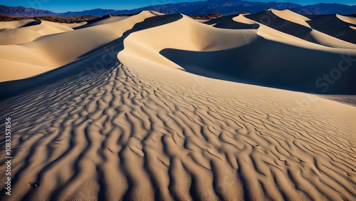 Rolling sand dunes of death valley with dramatic shadows and intense blue sky, AI Generated