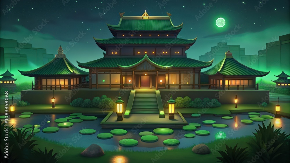 Fototapeta premium A Traditional Japanese Temple at Night with a Green Moon and a Pond with Lily Pads
