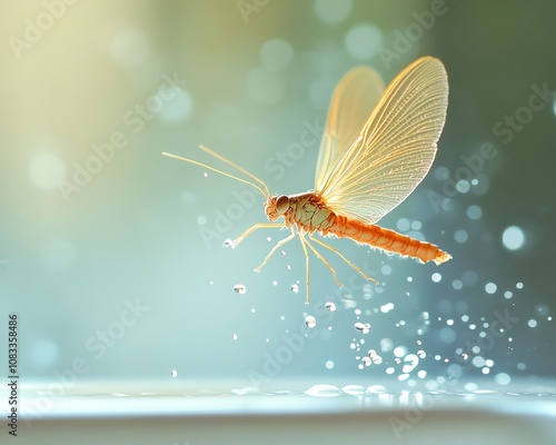 A mayfly in flight above a bathroom sink, postrain, with water droplets scattered on the sink surface and soft lighting in the background photo