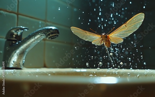 A mayfly in midflight above a bathroom sink, surrounded by water droplets and a steamy bathroom environment following a rainstorm photo