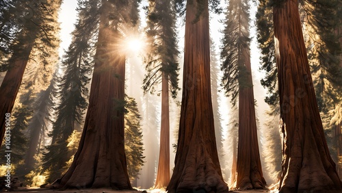 Sequoia national park with towering trees bright sunlight filtering, Ai Generated