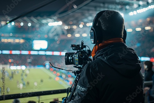 Camera operator captures sports event at night in a stadium filled with excited fans during an intense match. Generative AI photo