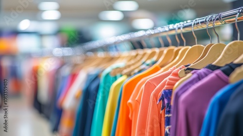 Shopping in store Clothes on hangers in shop for sale Blur background Fashionable clothes in a boutique Various clothing on market photo