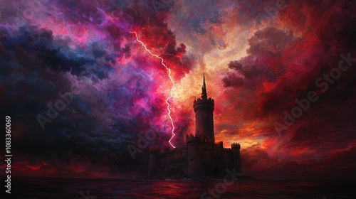 Wallpaper Mural A dramatic scene featuring a towering castle against a vibrant sky filled with swirling clouds and striking lightning. Torontodigital.ca