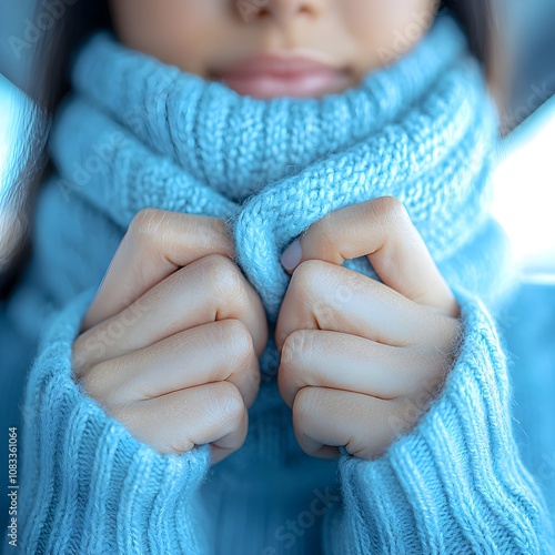 Cozy hands adjusting a soft blue sweater collar photo