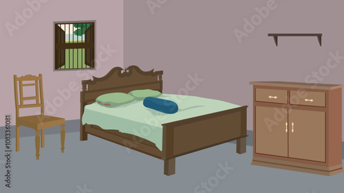 Indian rural Farmer house interior design.Asian bedroom indoor design vector illustration