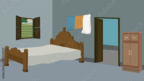 Village room inside design vector artwork.Rural poor room interior illustration with wooden door,window,bed,almirah