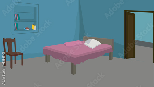 Asian rural village bedroom indoor design.vector illustration of a house interior with bood shelf,wooden chair and a wooden door