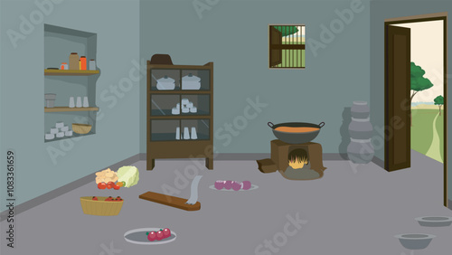 Rural Indian kitchen vector illustration with clay stove and cupboard and utensils.Kitchen vector illustration