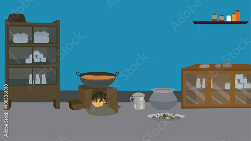Rural village kitchen room vector illustration.poor kitchen with utensils and stove