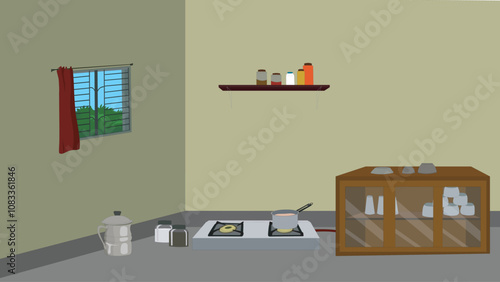 Asian village kitchen interior design with stove and a kitchenware cupboard.