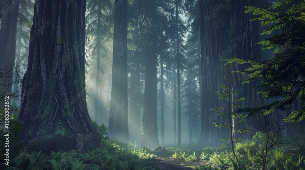Obraz premium Serene Ancient Redwood Forest with Misty Atmosphere