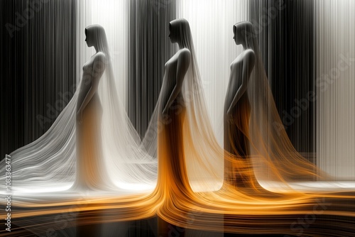 A group of veiled female figures in a stark setting with floor to ceiling swaths of fabric, in black, white, gray and orange photo