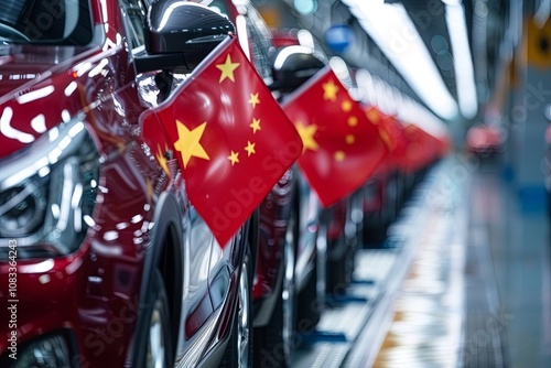 Chinese cars being assembled with national flags displayed in a modern factory setting during a busy workday. Generative AI