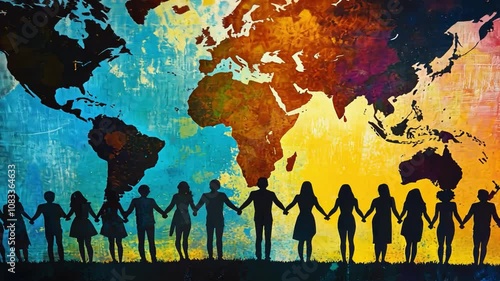 Global Unity: A vibrant world map with diverse silhouettes of people holding hands, symbolizing global unity, interconnectedness, and the power of collaboration. photo