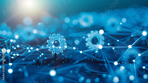 Large interconnected network of gears symbolizing corporate competition, with one oversized gear dominating the scene, representing antitrust concerns. Central gear with copy space for text.