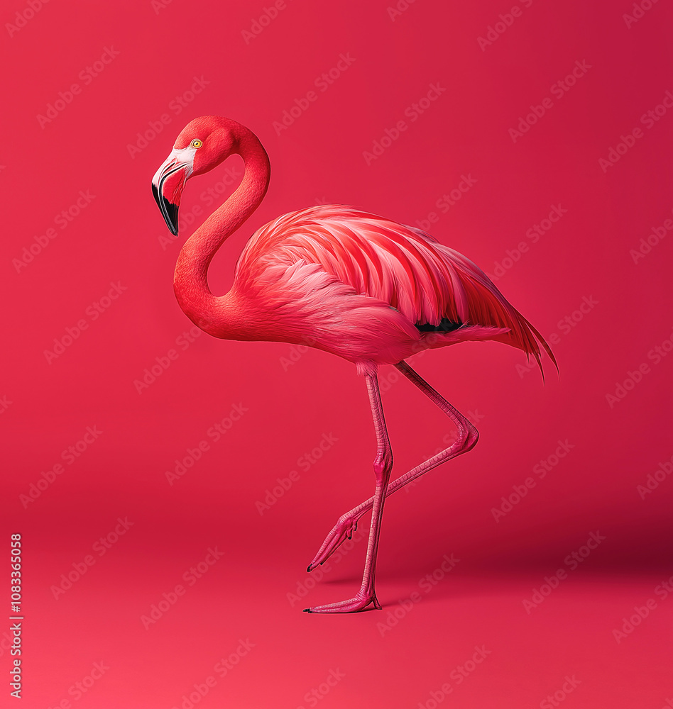 Fototapeta premium A striking pink flamingo standing gracefully on one leg against a vibrant pink background in a studio setting