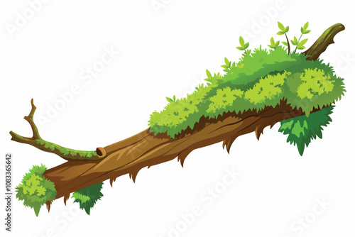 Fresh Green Moss on Rotten Branch with Dirt, Side View, Isolated on White Background.