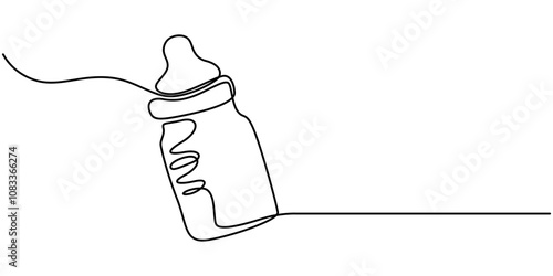 Continuous editable line drawing of baby bottle. Baby milk bottle icon in one line, Continuous one line drawing of baby feeding bottle. Baby drink bottle with love outline vector illustration.