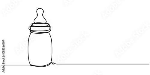 Continuous editable line drawing of baby bottle. Baby milk bottle icon in one line, Continuous one line drawing of baby feeding bottle. Baby drink bottle with love outline vector illustration.
