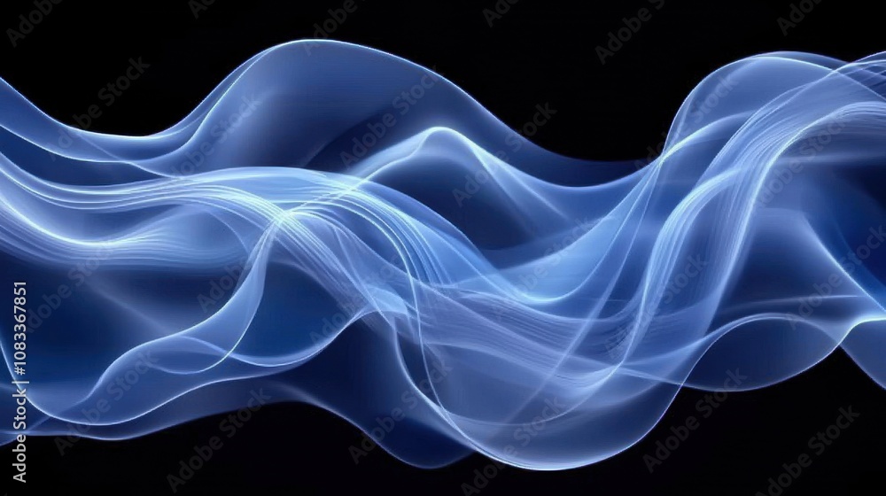 Fototapeta premium Flowing blue waves with delicate curves illuminated against a dark background, creating a tranquil and dynamic visual effect