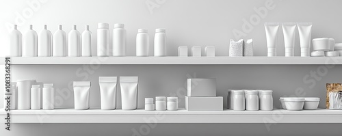 A realistic 3D render of blank white plastic bottles, pouches, and boxes neatly placed on supermarket shelves, showcasing empty packaging for display photo