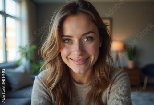 Free Download A woman is smiling warmly in a well-lit, inviting living room setting. - GFXLoad