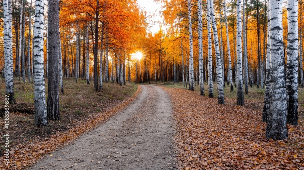 Obraz premium Autumn forest path Orange color tree red brown aspen leaves in fall city park Nature scene sunset fog Woods in scenic garden Bright light sun sky Sunrise of a sunny day morning calm sunlight view