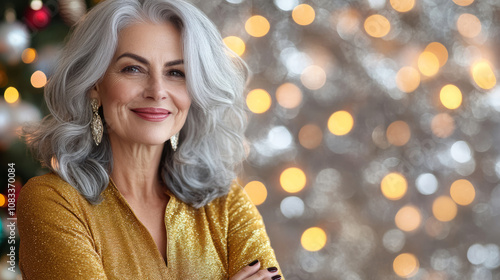 Beautiful 50s mid age beautiful physically fit senior model gray hair smiling mature stylish woman close up gold festive shirt earrings face makeup skincare fitness dental Christmas party background