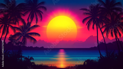 Beautiful sunset over a tranquil beach with palm trees in a tropical paradise