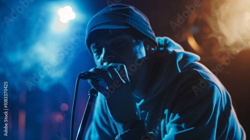 Mid-performance shot of a beatboxer in action