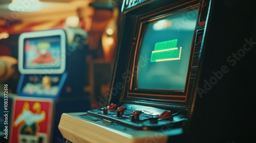 Vintage Arcade Game Cabinet with Green Screen photo