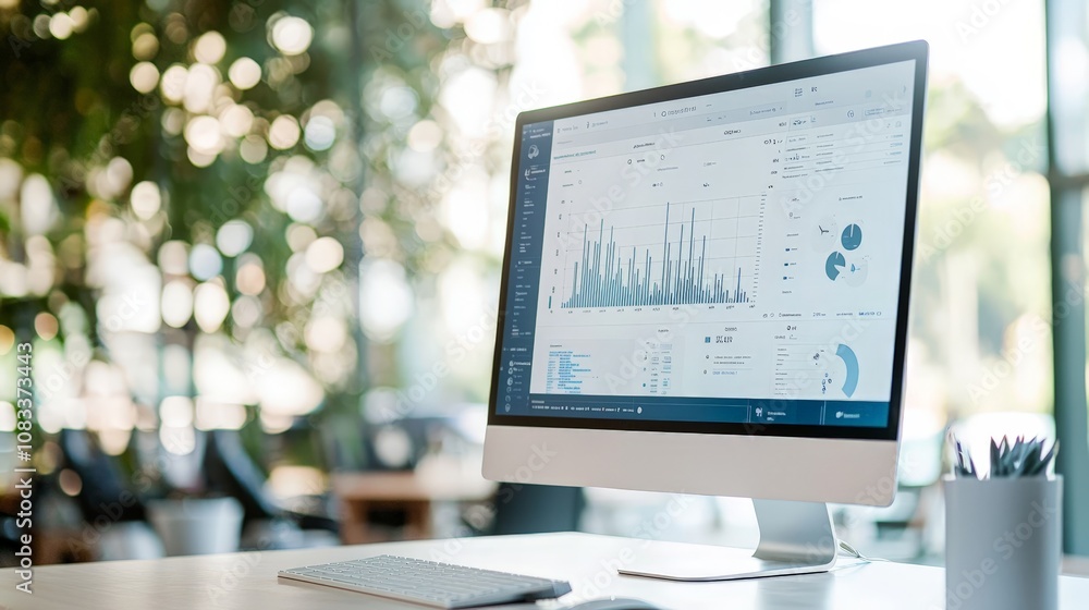 Naklejka premium Data Analysis on a Modern Desktop Computer with Charts and Graphs in an Office Environment