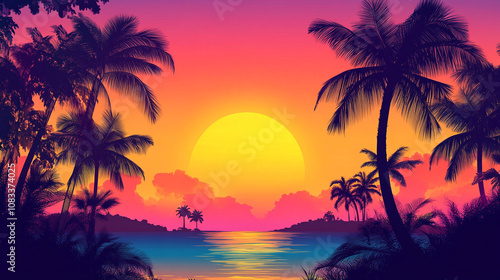 Beautiful tropical sunset with palm trees and water reflection on a serene beach landscape