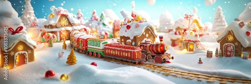 Christmas candy village with gingerbread train whimsical holiday dessert landscape photo