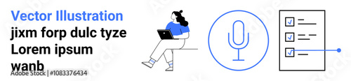 Woman sitting with a laptop, microphone icon, checklist with checkmarks. Ideal for remote work, online communication, productivity tools, work from home, digital meetings, task management
