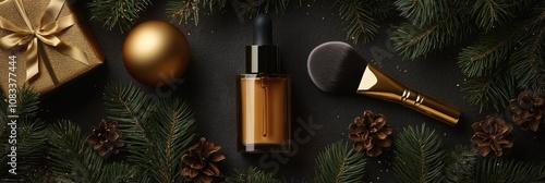 Holiday beauty essentials with makeup brush gold bottle and gift surrounded by festive pine photo