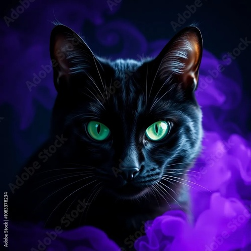 A black cat with piercing green eyes, surrounded by mysterious purple smoke effects.