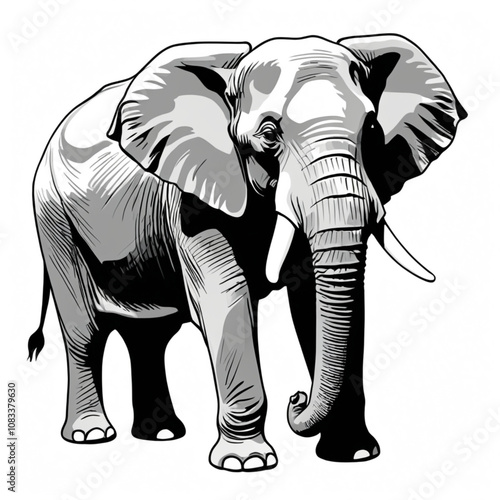 Detailed Black and White Illustration of an Elephant with Prominent Tusks and Textured Skin on Drawing Paper with Pens Nearby