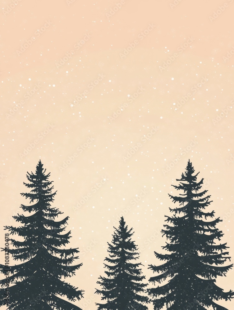 Obraz premium Serene winter scene, three minimalist fir trees, snowfall, pastel sky, Christmas spirit.