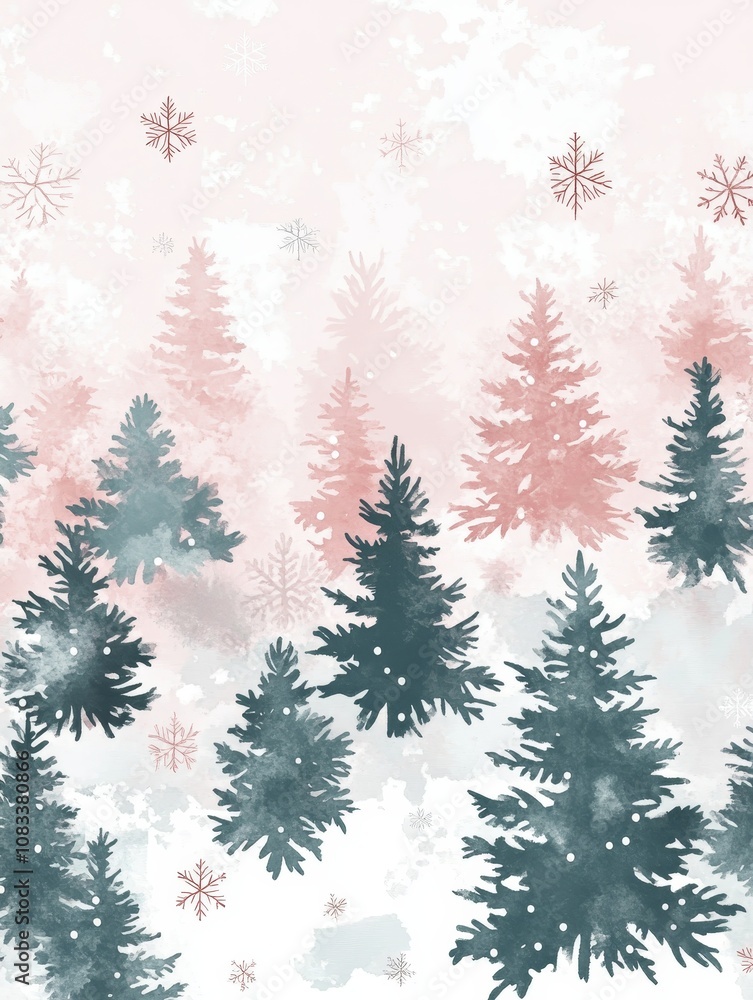 Obraz premium Pink and teal watercolor trees, snowflakes, winter, Christmas, festive.