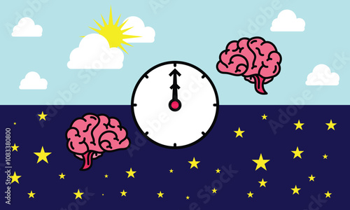 Illustration design Circadian rhythms and sleep-wake cycles: how exposure to sunlight regulates melatonin secretion in the human brain and body processes