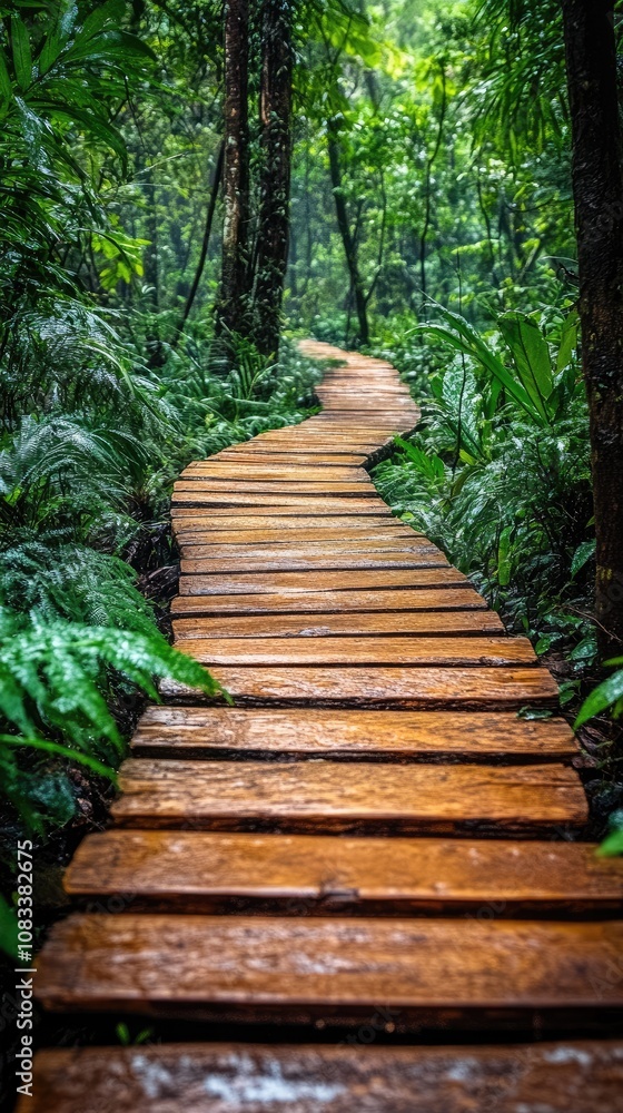 Obraz premium Wooden footbridge winding through lush tropical rainforest