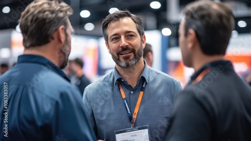 Businessman talking with colleagues at a corporate event or conference