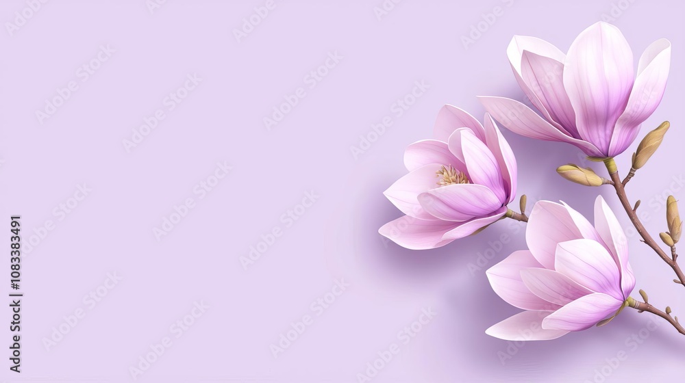 Fototapeta premium Delicate pink magnolia blossoms gracefully contrast against a soft lavender background, symbolizing beauty and tranquility in nature.